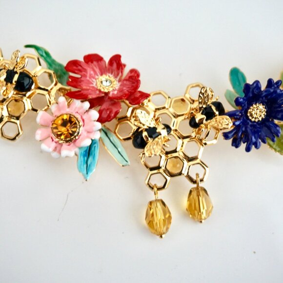 Necklace with colorful flowers, faceted stones and honey bees - Picture 5 of 6